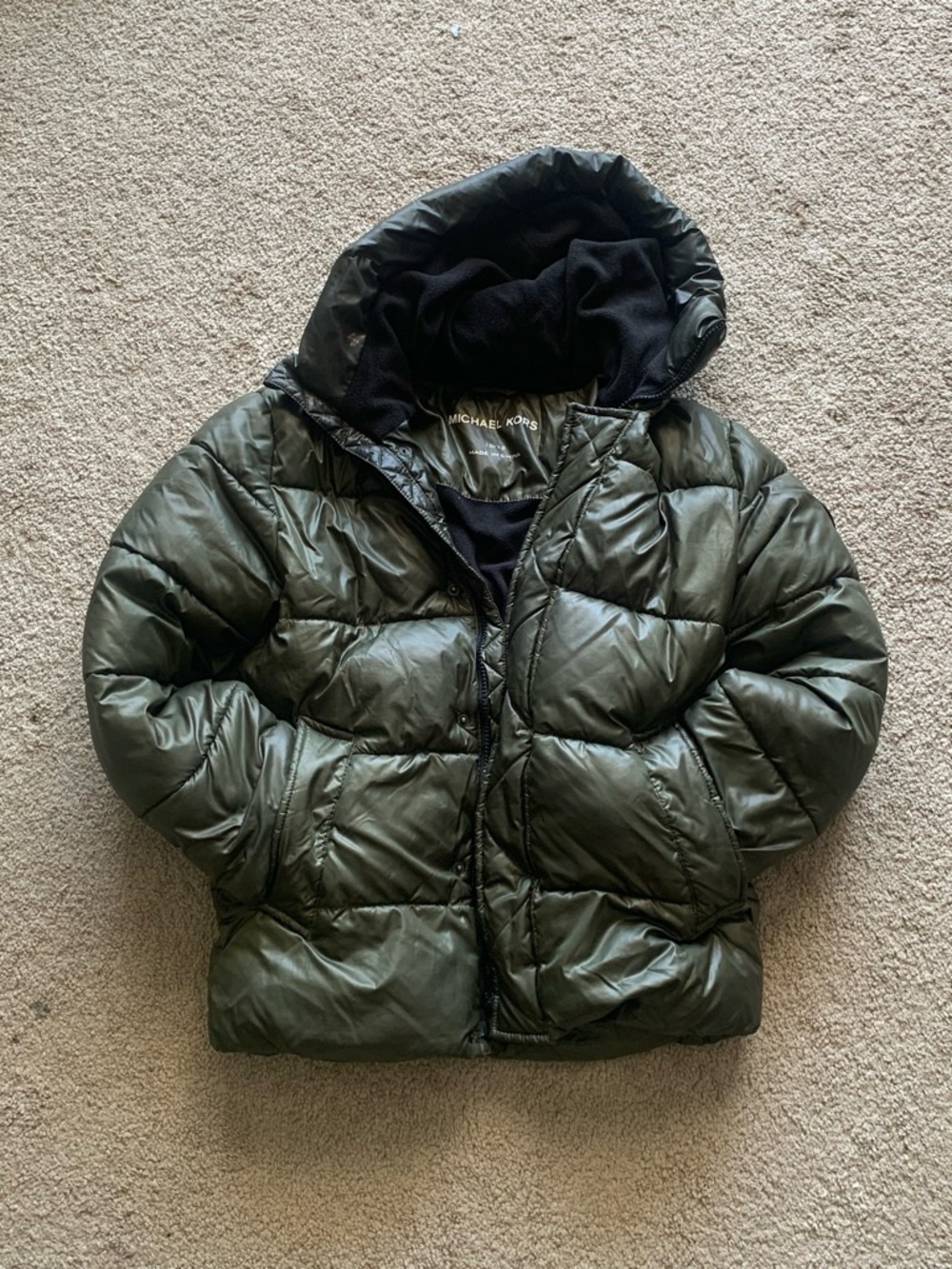 Michael Kors Dark Olive Quilted Puffer Jacket with Hood